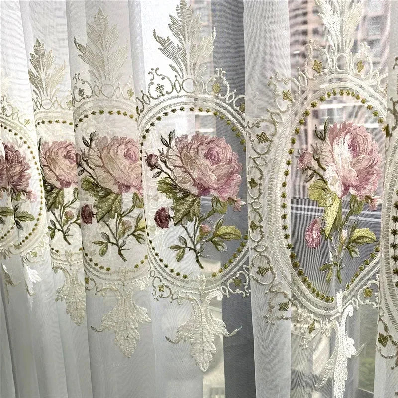 rideau floral transparent brodé classique rose blanc vert 100 polyester