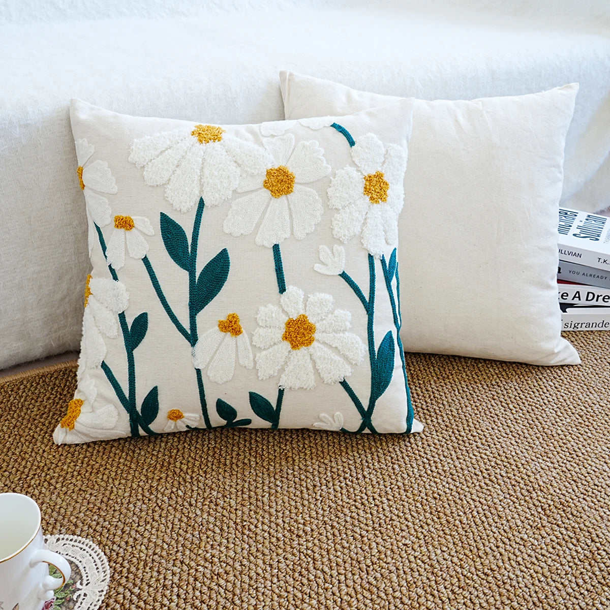 housse coussin brodée fleur blanche marguerite décoration maison salon blanc opacité décorative fixations deux