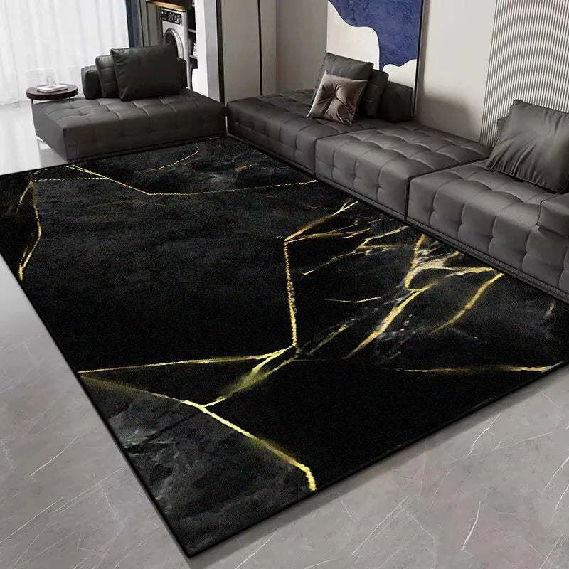 tapis moderne marbre noir géométrique salon facile nettoyer antidérapant polypropylène polyester