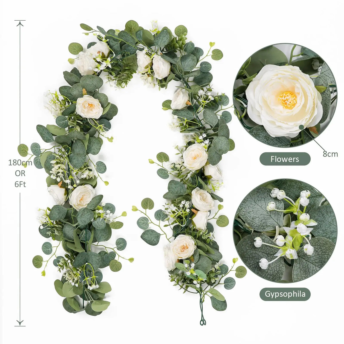 guirlande florale artificielle vertes feuilles blanches fleurs mariage romantique anniversaire baby showerintérieur