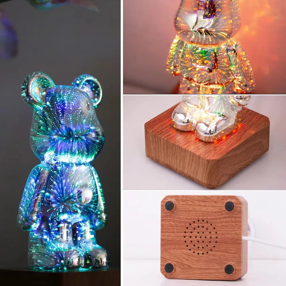 lampe led ours 3d transparent multicolore adhésif base bois câble usb interrupteur moderne chambre