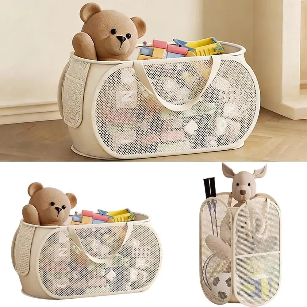 panier rangement jouets enfants imperméable maille fine ours peluche beige clair moderne poignées
