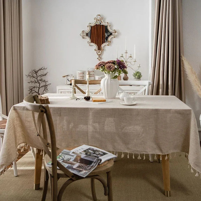 nappe rectangulaire beige franges décoration table maison mariage rustic bohème tissu coton lin