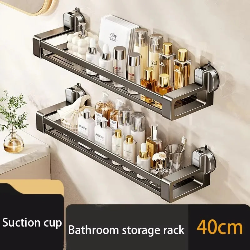étagère salle bain argentée suction cup moderne minimaliste rangement bouteilles cosmétiques serviettes accessoires