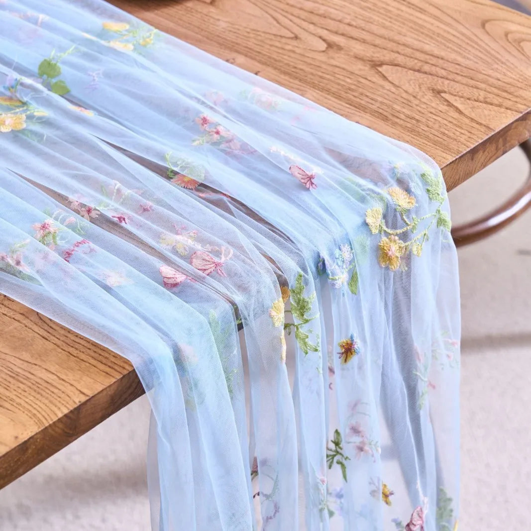 nappe courte fleur brodée transparente polyester décoration mariage anniversaire champêtre