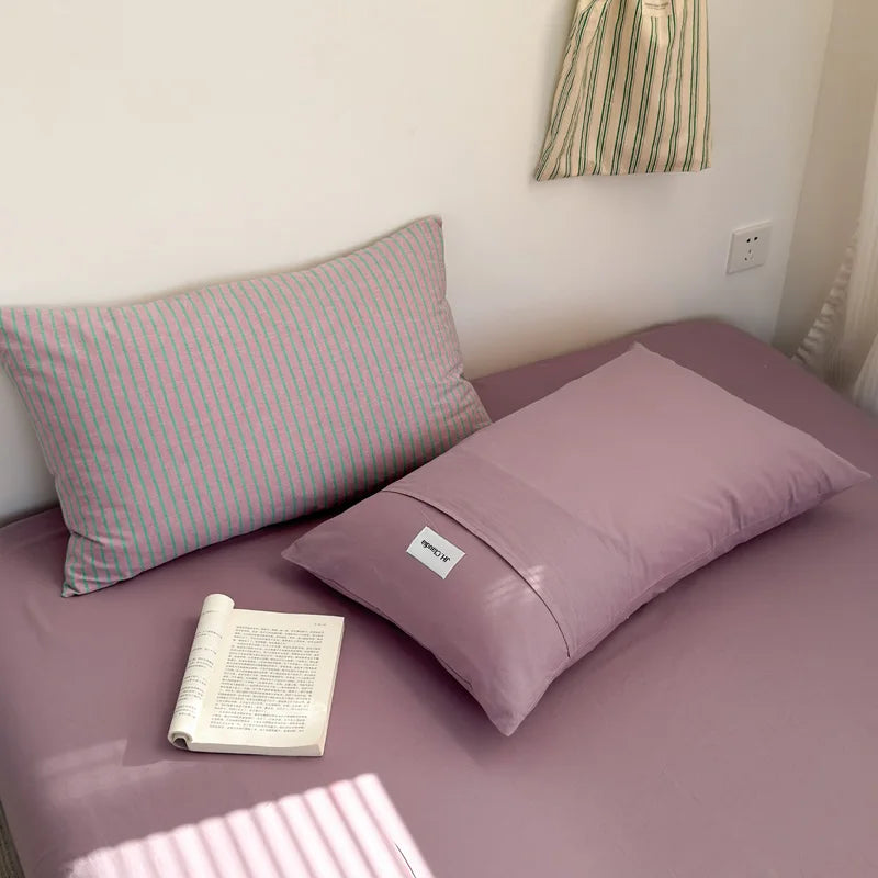 taies d'oreiller coton rayées jaune marron bleu violet 48x74cm respectueuses environnement minimaliste