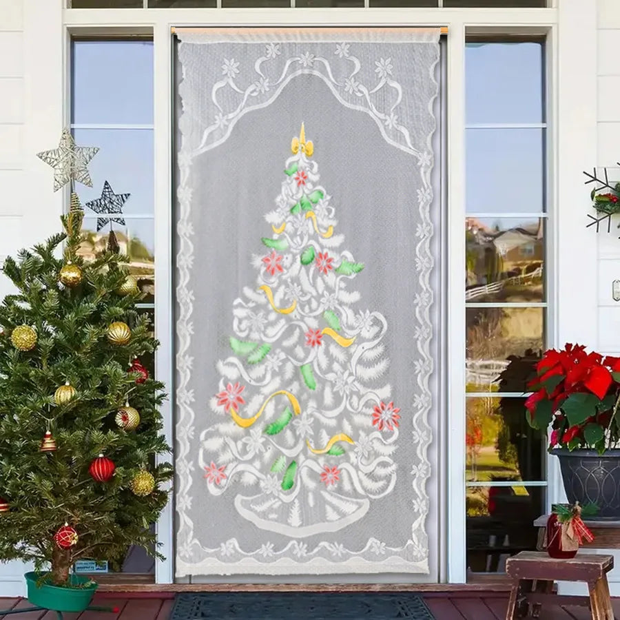 rideau decoratif noel motif sapin boules etoile bordure ajouree transparent maison