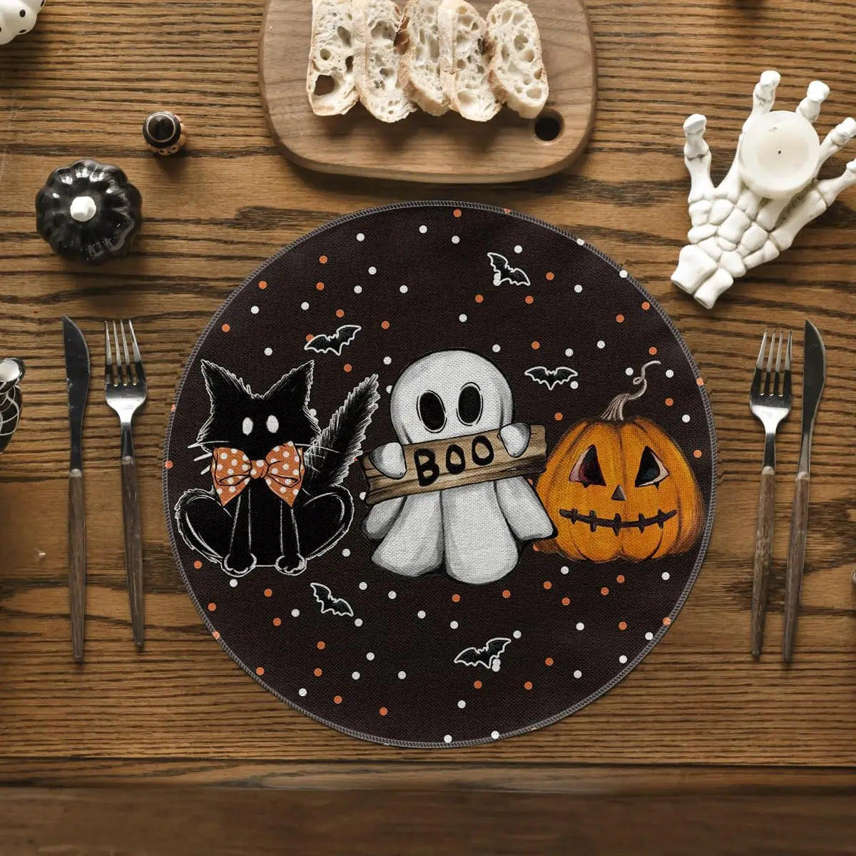 assiette halloween noire orange motif chat fantome citrouille decoration table repas festif decoratif