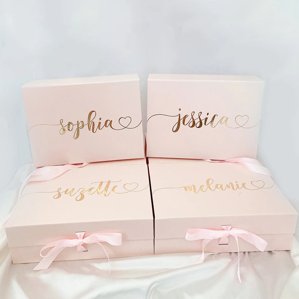 boîte bijoux personnalisée mariage demoiselle d'honneur cadeau élégant ruban rose fleur artificielle dorée