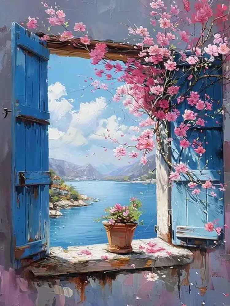 peinture numéro paysage marin fleurs roses crochets vis boîtes peinture débutants moderne toile bleu