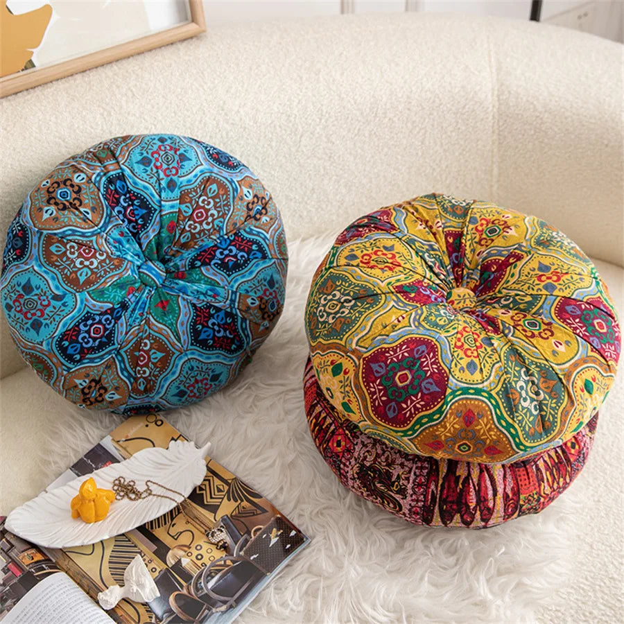 coussin siège rond bohème motifs floraux géométriques velours cotonnable intérieur extérieur