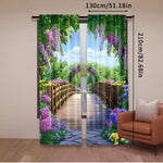 rideau impression numérique vert violet blanc paysage pont fleurs feuilles 75x166cm 105x230cm 130x210cm