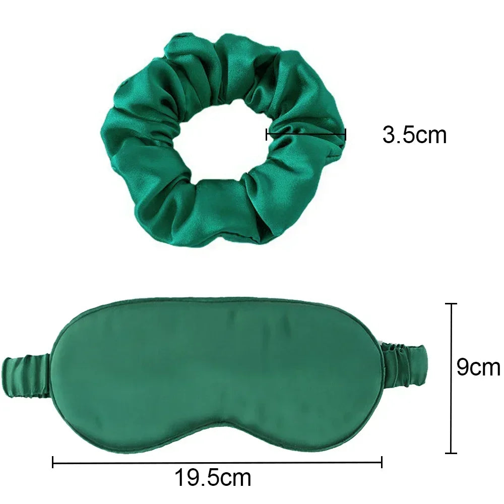 ensemble taie d'oreiller masque sommeil scrunchie soie naturelle vert foncé satiné élégant moderne