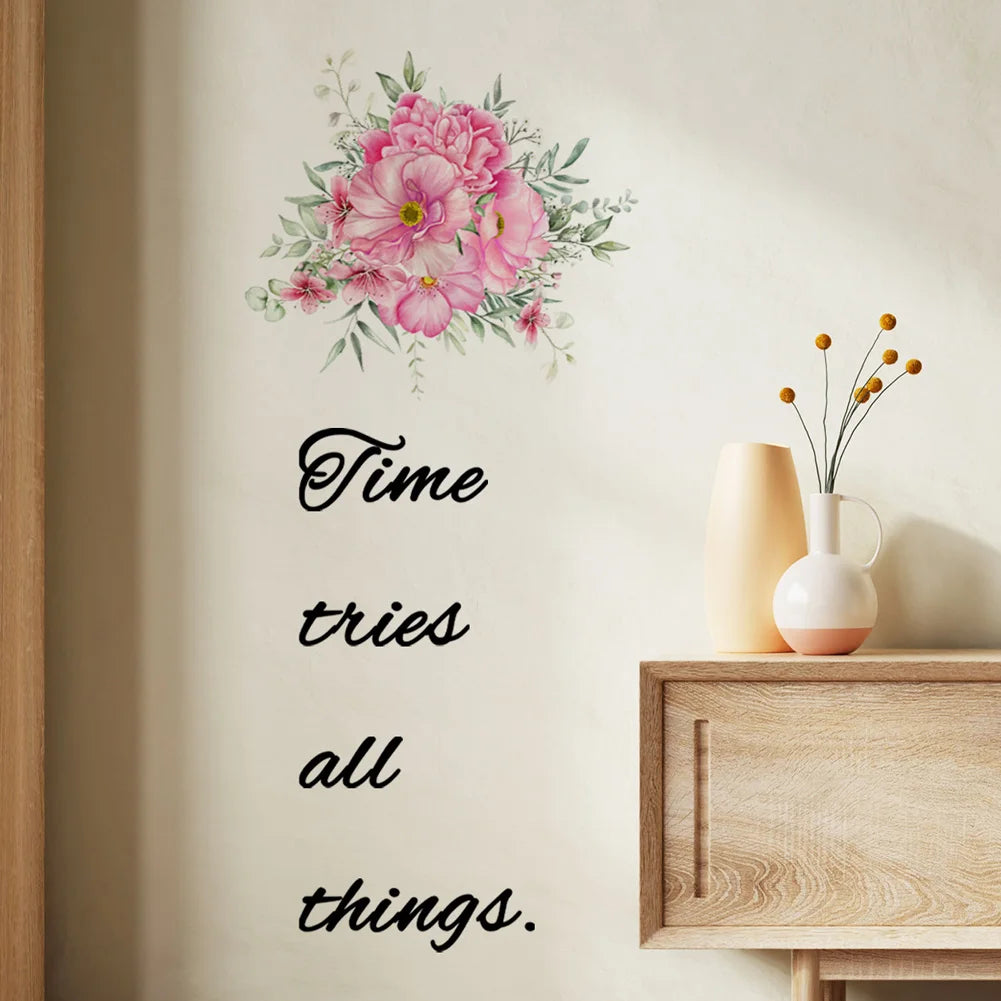 autocollant mural moderne bouquet fleurs inspirantes quotes chambre salon pvc adhésif rose vert noir