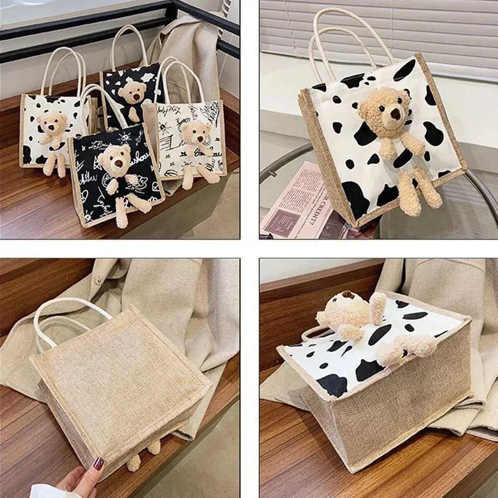 sac main toile vache motif moderne ours peluche poignées corde blanc noir tendance portable