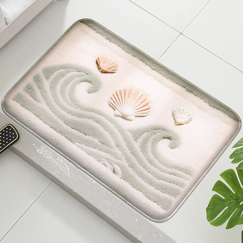 tapis bain moderne beige gris orange noir blanc vagues coquillages coraux absorbant antidérapant machine
