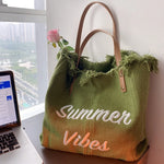 sac plage toile réutilisable pliable boho chic poignées cuir multiple usage femmes pique nique