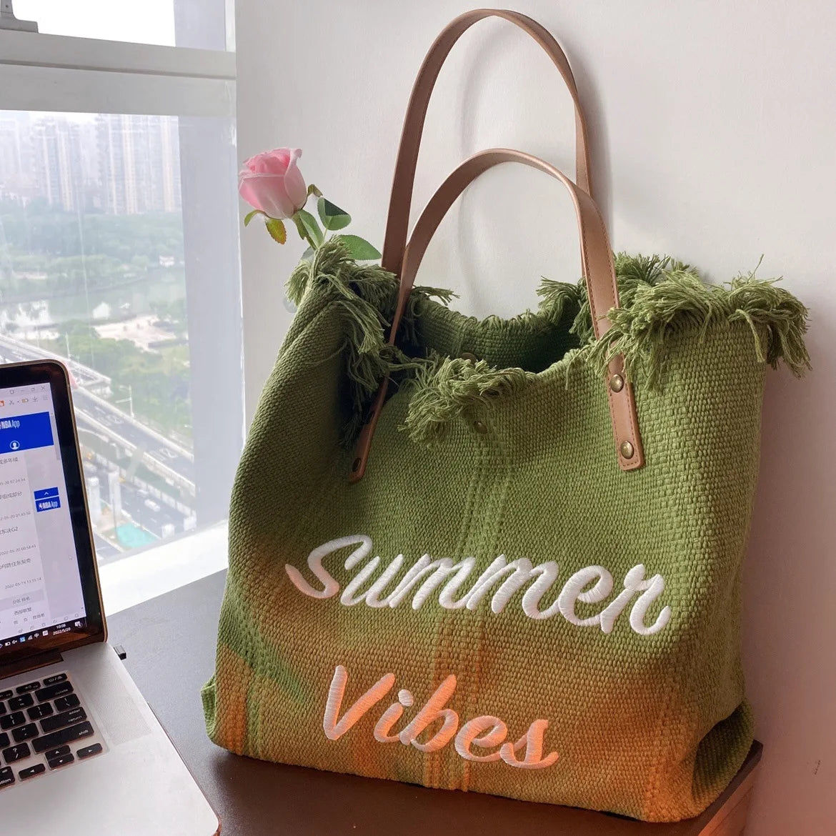 sac plage toile réutilisable pliable boho chic poignées cuir multiple usage femmes pique nique