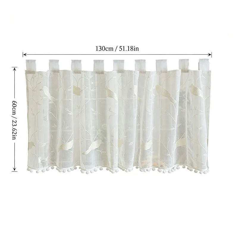 rideau blanc oiseaux brodés pompons franges moderne translucide polyester 130cm 200cm