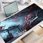 tapis souris gaming paysage oriental arbres fleuris bleu noir rouge