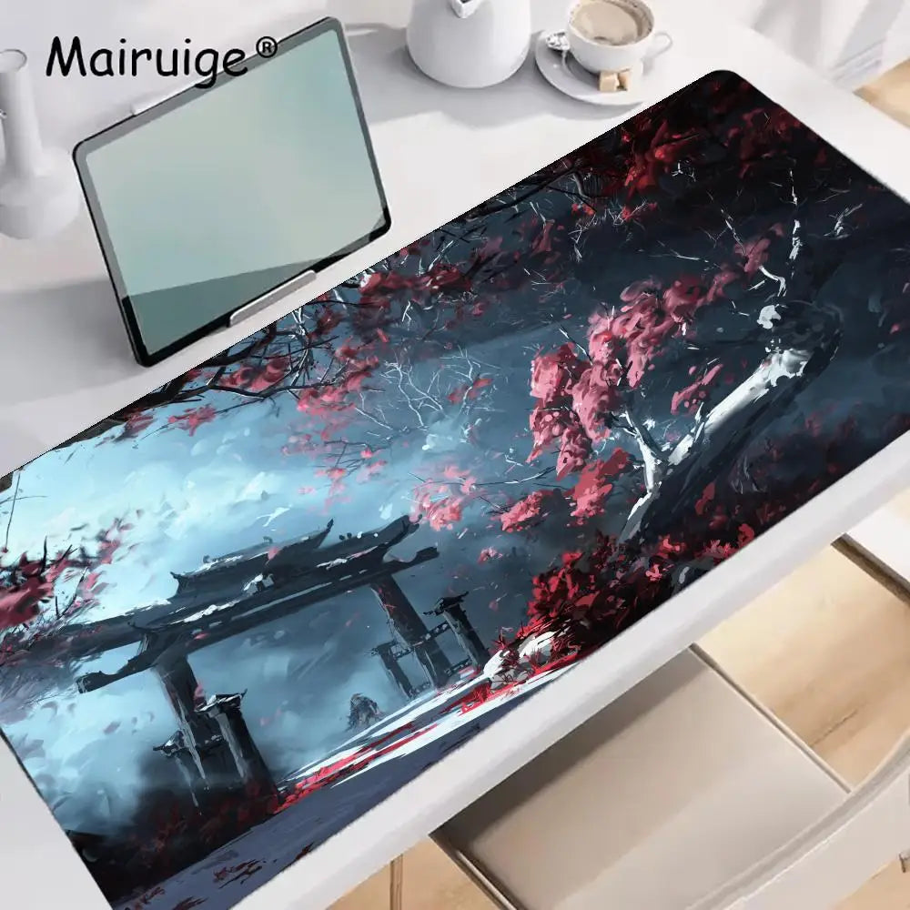 tapis souris gaming paysage oriental arbres fleuris bleu noir rouge