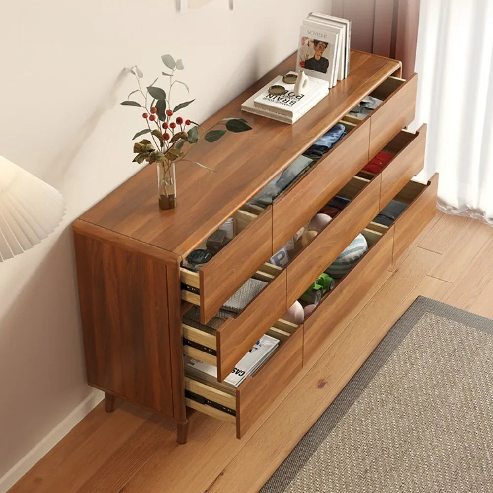 commode chêne foncé tiroirs modernes pieds bois poignées noires chambre salon
