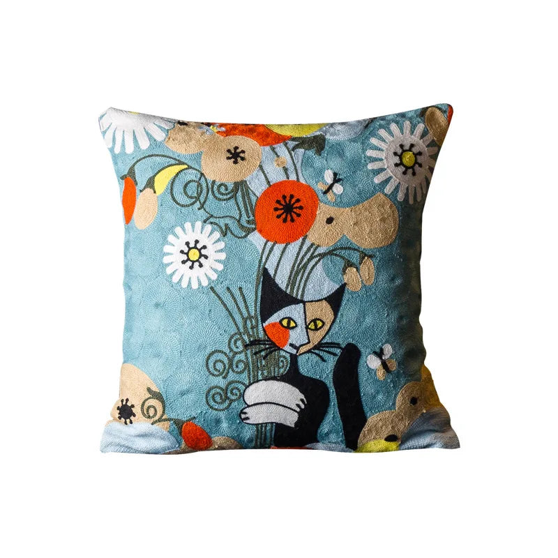 coussin abstrait brodé chats fleurs moderne linge coton bleu orange noir blanc vert marron