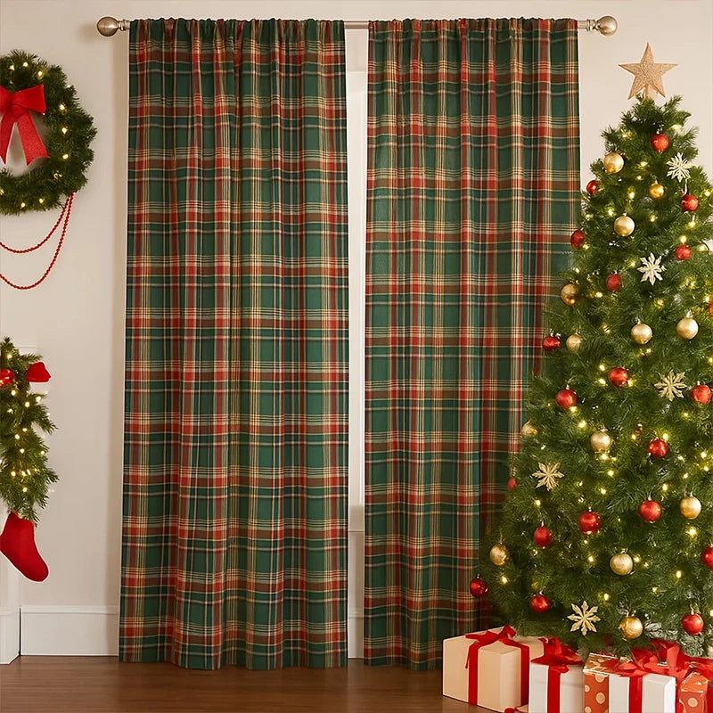rideaux plaid écossais vert foncé rouge blanc chambre moderne polyester haute opacité tringle
