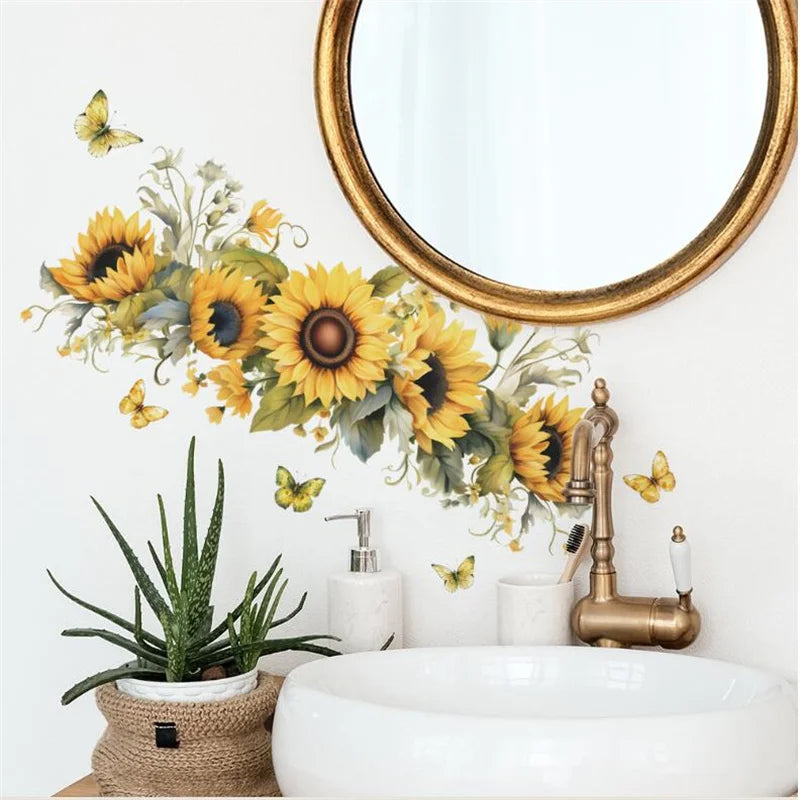 sticker mural fleurs tournesol papillons vintage jaune vert naturel adhésif chambre enfant cuisine diy