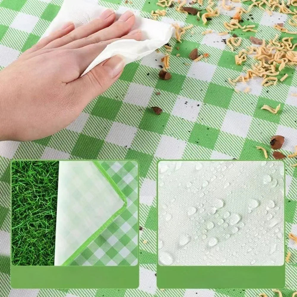 tapis pique nique carreaux vert blanc jaune moderne imperméable anti humidité poignée rangement camping