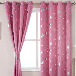 rideaux romains rose motifs lunes étoiles argentés chambre enfant isolation thermique fixations tringle
