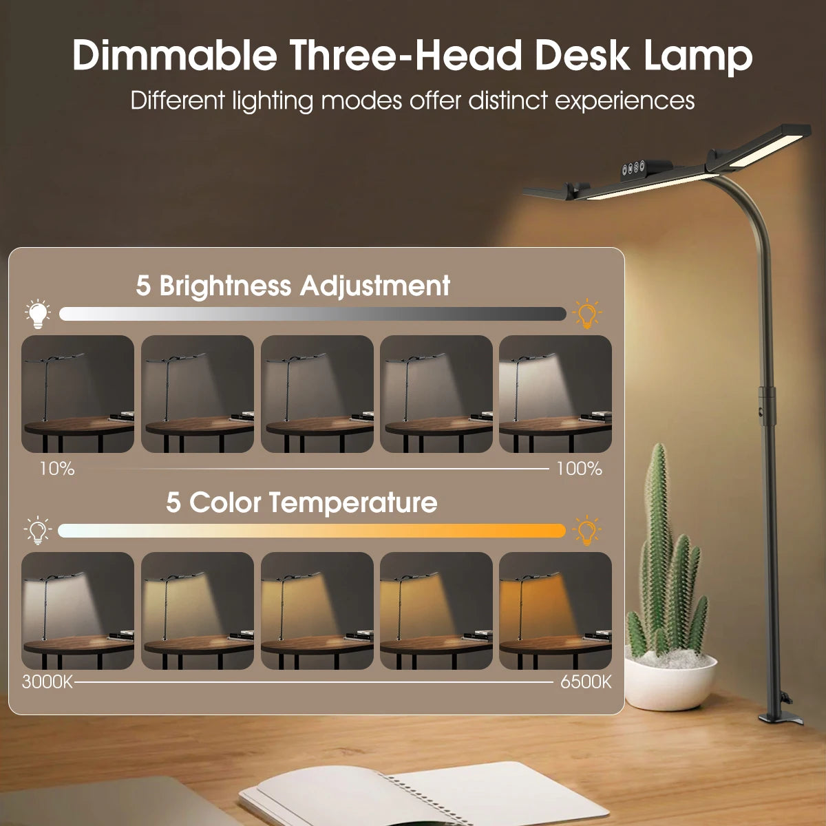 lampe led moderne noire trois têtes clip réglable luminosité memoire