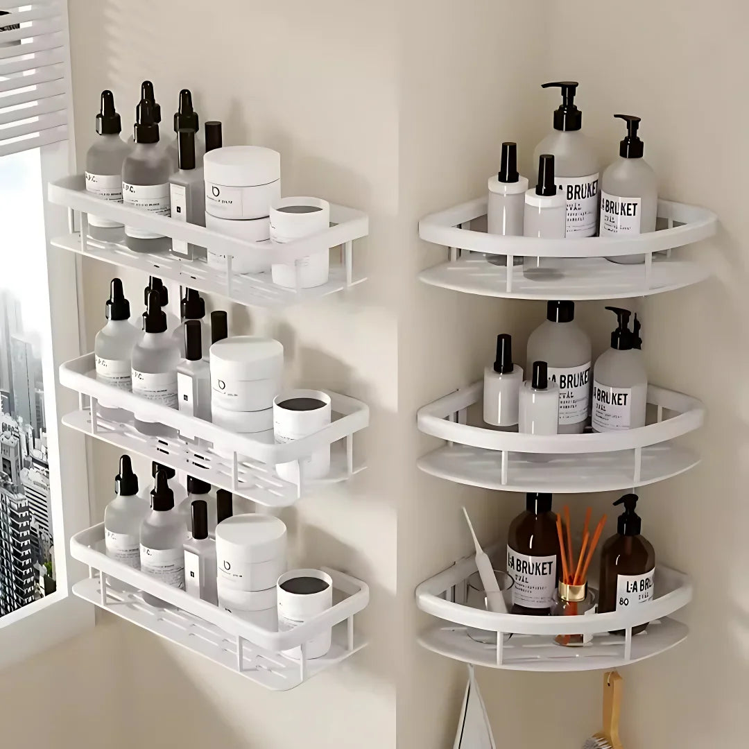 étagère murale salle bain double niveau aluminium rangement cosmétique moderne blanc noir fixation