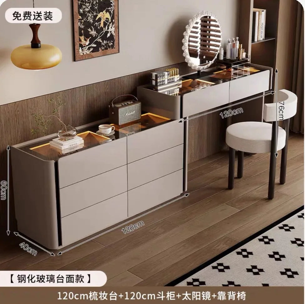meuble rangement moderne commode tiroirs table maquillage miroir tabouret bois chêne massif beigeclair