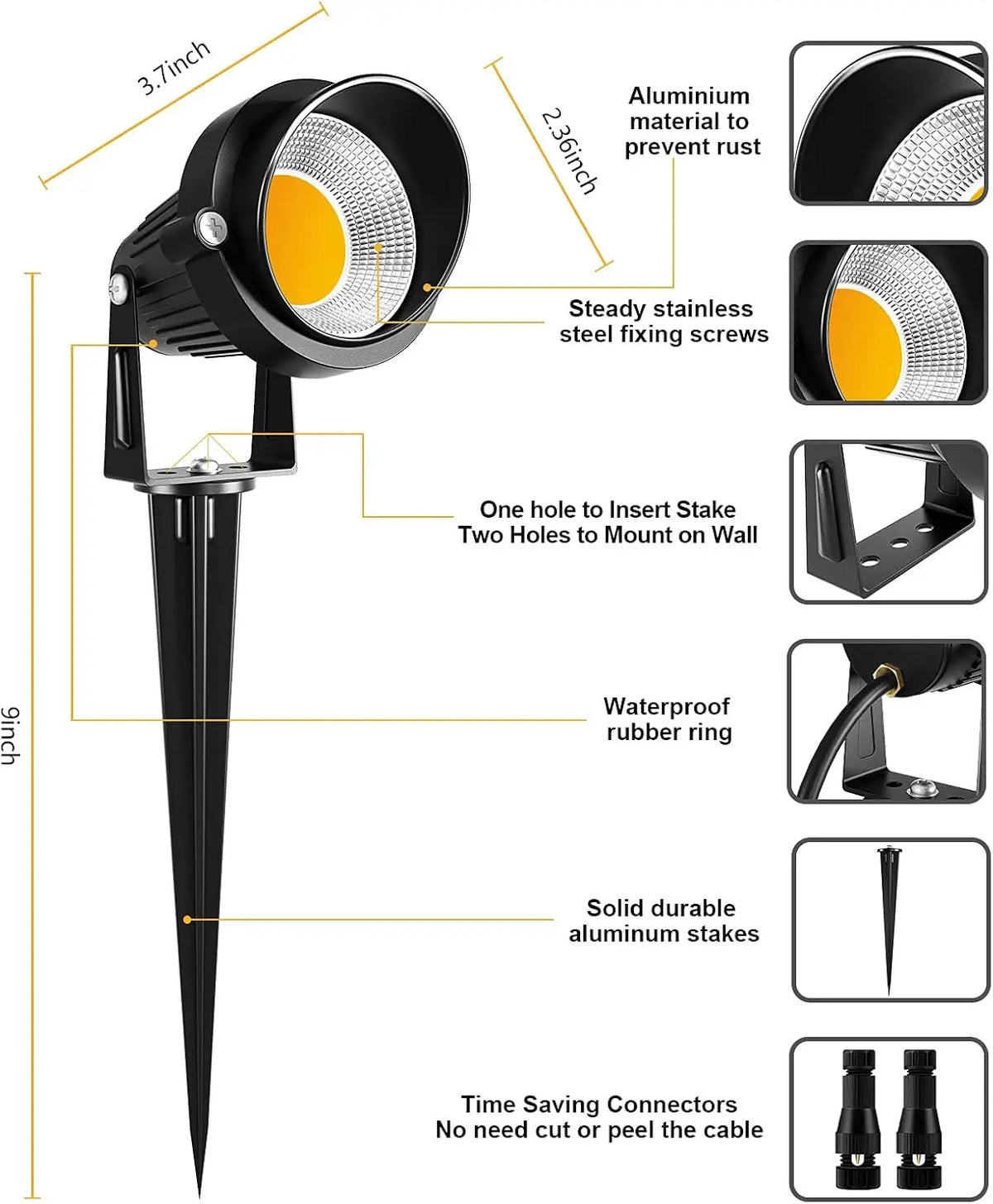projecteur éclairage extérieur led 12v ip65 moderne câble connecteur piquet noir 1mètre