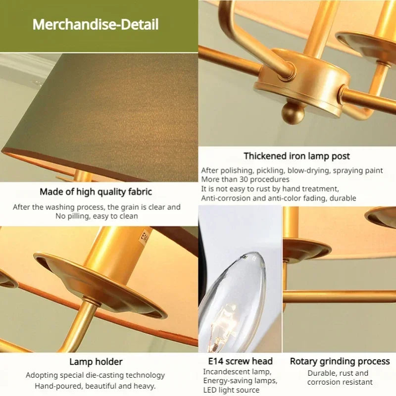 lampe suspendue or beige vert olive tissu fin métal minimaliste américaine chaîne ajustable ampoules
