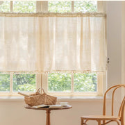 rideau fenetre beige clair tissage lin franges rustique semi transparent attaches metalliques