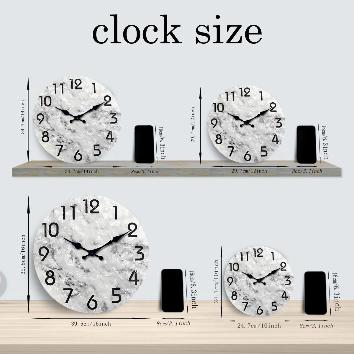 horloge murale moderne marbre gris blanc quartz bois salon unique