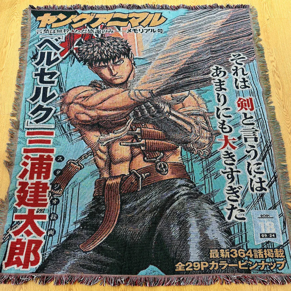 tapisserie dessin animé berserk personnage épée armure noir blanc gris bleu rouge marron jacinthe