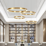 suspension lumineuse or moderne salle salon chambre anneaux concentriques lumière chaînes suspendues