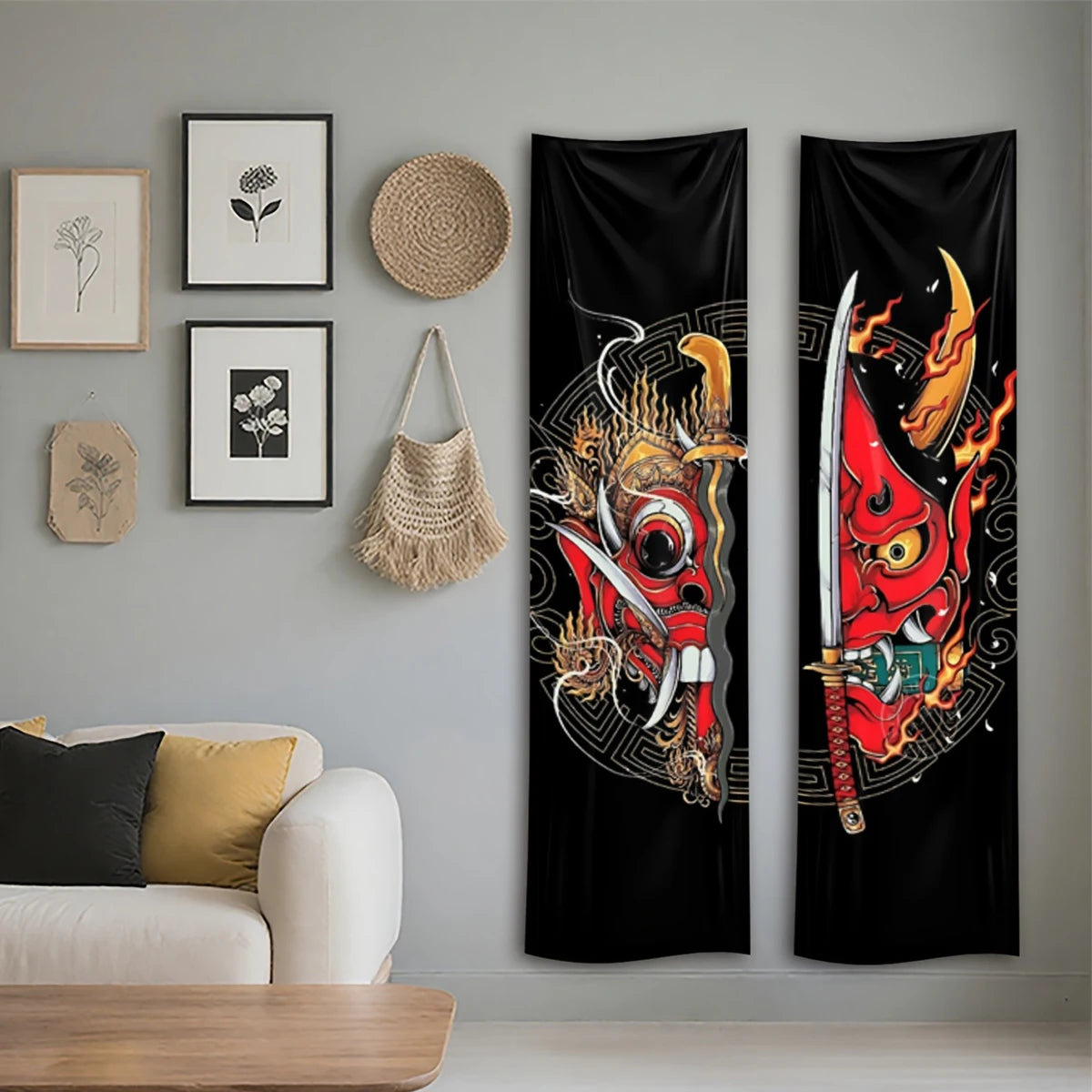 tapis mural décoratif art japonais motif masque oni katana géométrique noir rouge chambre salon