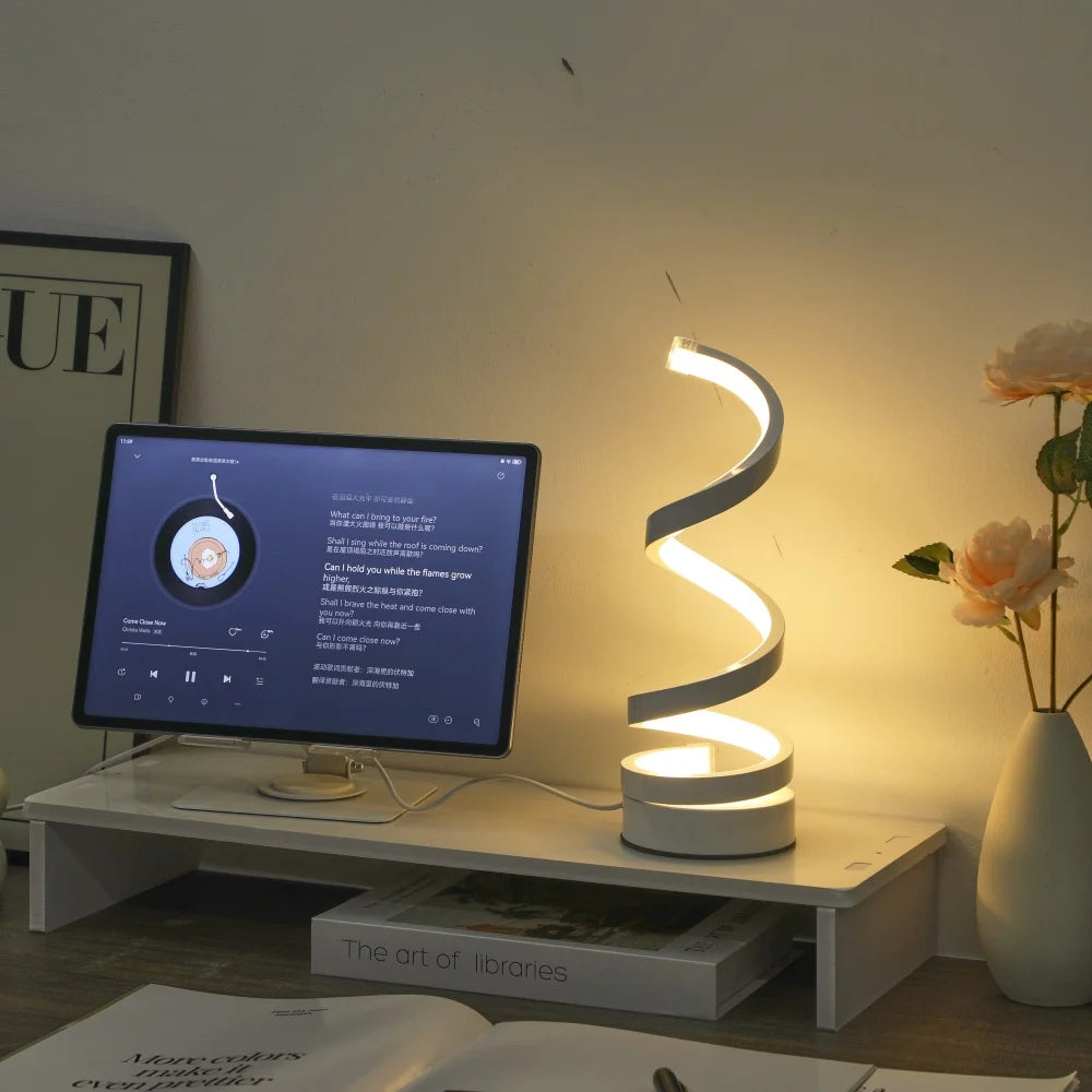 lampe table spirale blanche moderne veilleuse aluminium base plate trois couleurs réglable flux lumineux