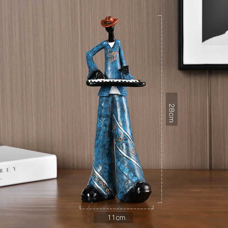 statues musiciens saxophone trompette ethniques motifs floraux bleu marron orange gris