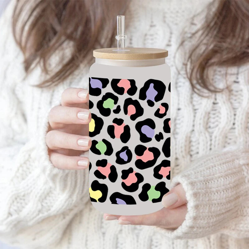 autocollants décoration diy bouteille verre léopard transparent moderne paille couvercle bois