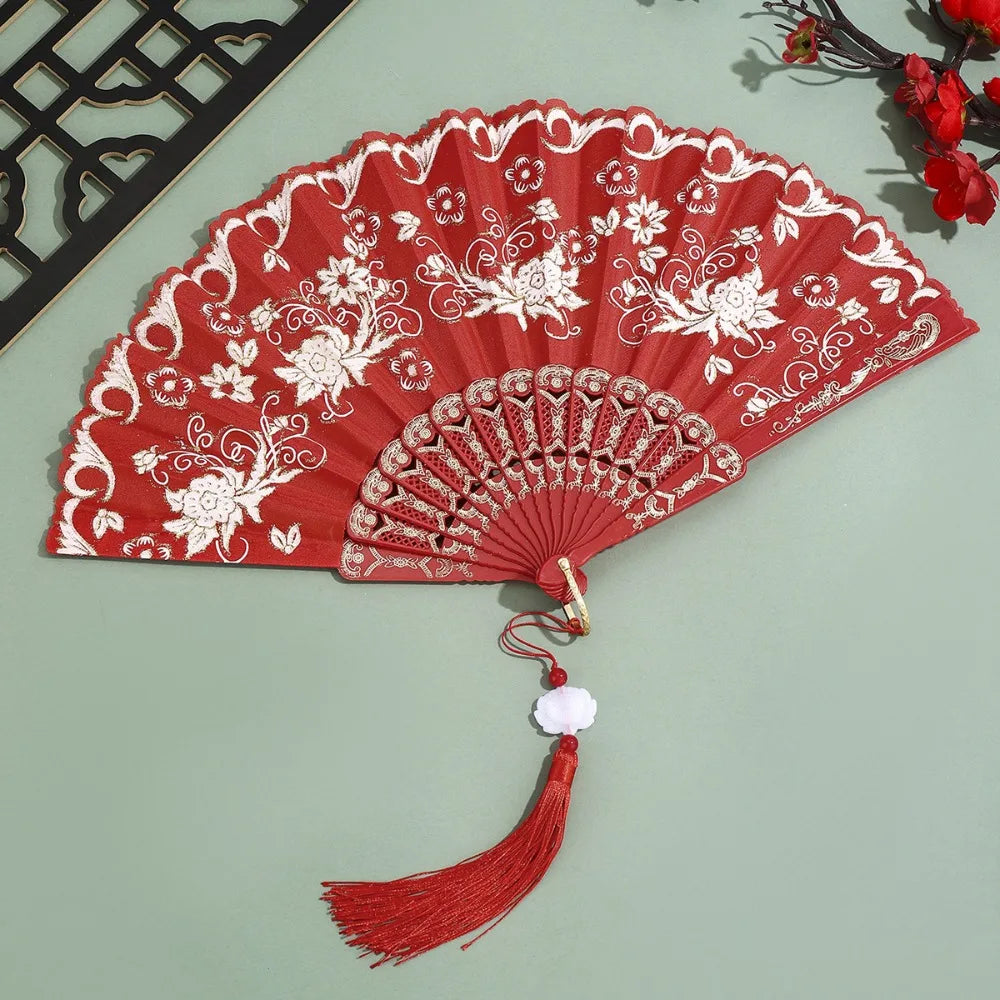 éventail pliant traditionnel violet blanc fleurs brodées clips métalliques pompon élégant décoration danse hand