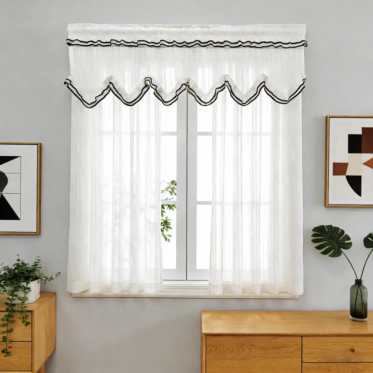 rideau blanc noir rayures franges transparent classique salon