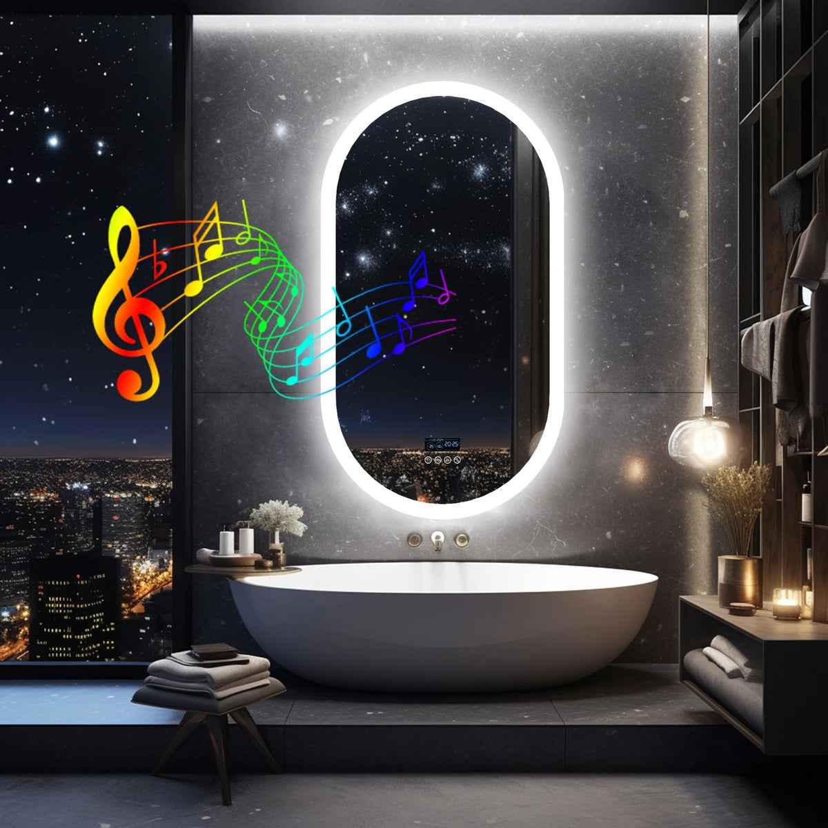 miroir lumineux moderne bluetooth éclairé anti buée date heure marbré blanc beige