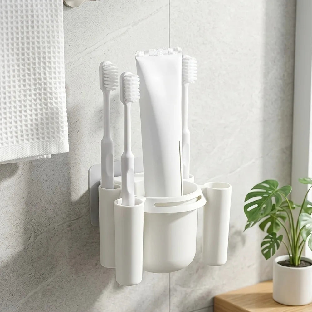 porte brosses adhésif moderne feuilles vertes blanc rangement salle bain dents dentifrice