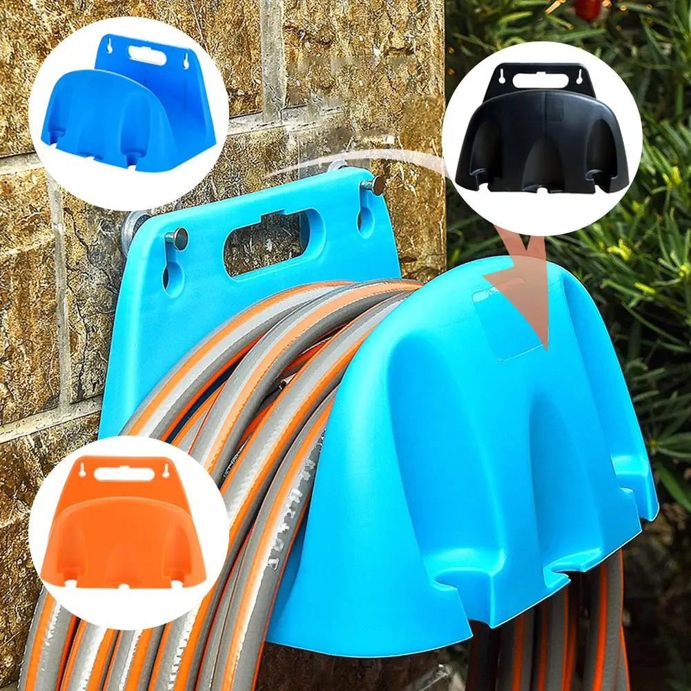 support mural enrouleur tuyau arrosage bleu orange noir anti corrosion fixations vis modernes utilitaires