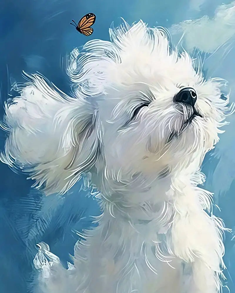 toile peinte chien papillon moderne blanche bleue noire abstraction pinceaux vis crochets crafts decoration